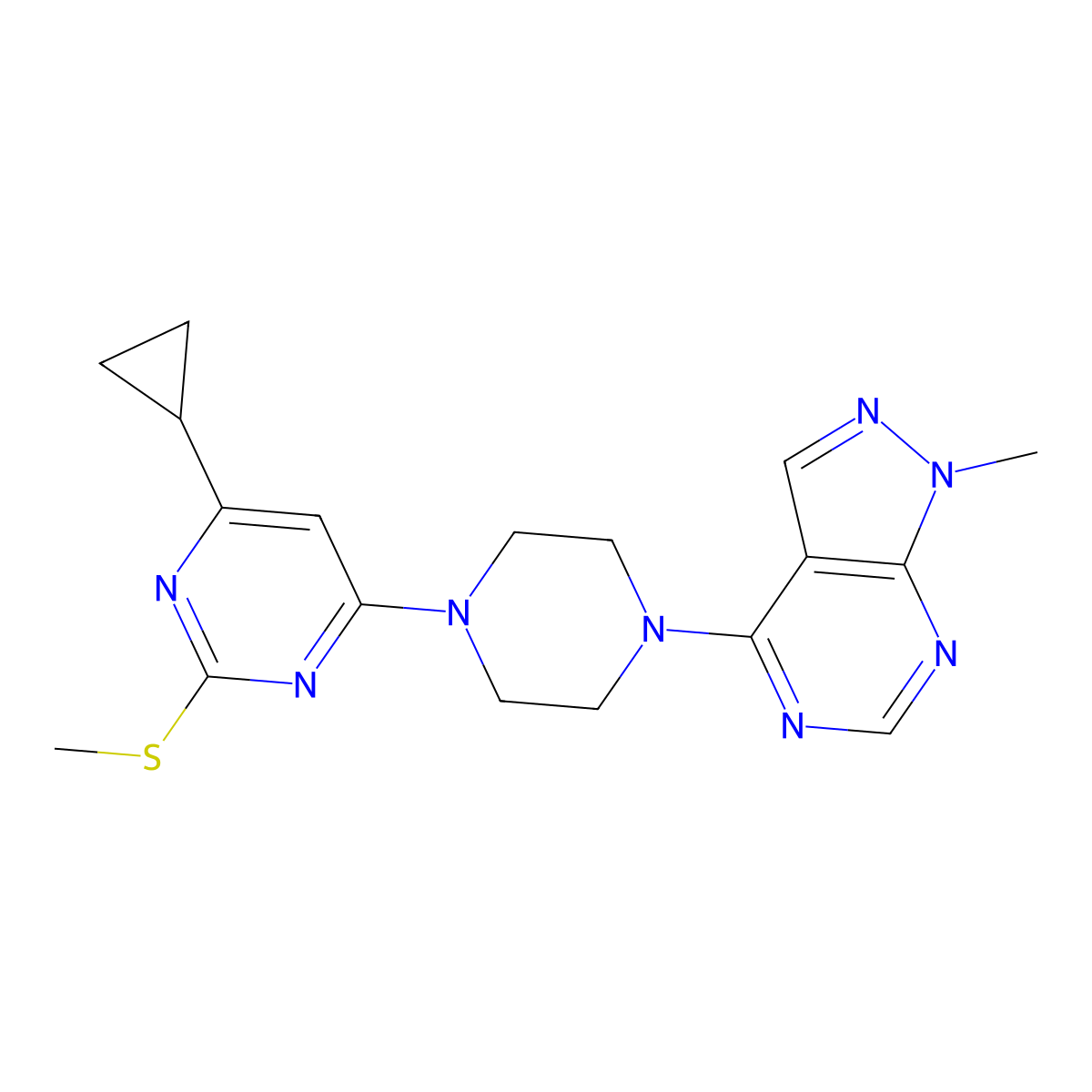 4-cyclopropyl-6-(4-{1-methyl-1H-pyrazolo[3,4-d]pyrimidin-4-yl}piperazin-1-yl)-2-(methylsulfanyl)pyrimidine molecular structure, CAS 2640951-91-1