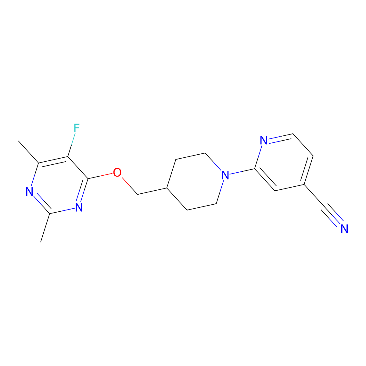 2-(4-{[(5-Fluoro-2,6-dimethylpyrimidin-4-yl)oxy]methyl}piperidin-1-yl)pyridine-4-carbonitrile molecular structure, CAS 2640952-02-7