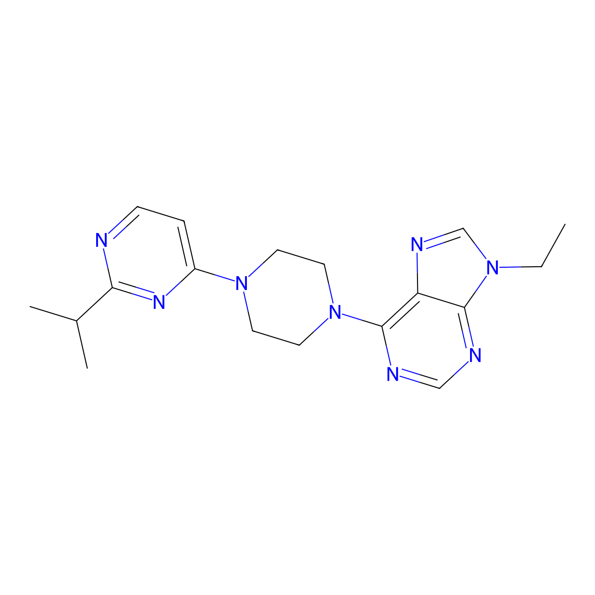 9-ethyl-6-{4-[2-(propan-2-yl)pyrimidin-4-yl]piperazin-1-yl}-9H-purine molecular structure, CAS 2640952-03-8