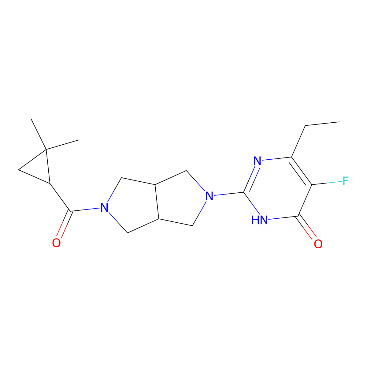 2-[5-(2,2-Dimethylcyclopropanecarbonyl)-octahydropyrrolo[3,4-c]pyrrol-2-yl]-6-ethyl-5-fluoro-3,4-dihydropyrimidin-4-one molecular structure, CAS 2640952-05-0