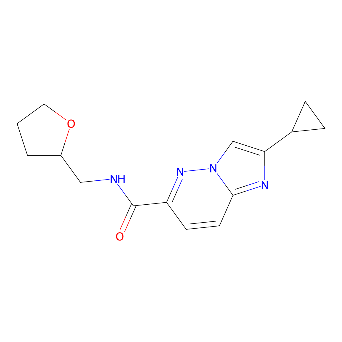 2-cyclopropyl-N-[(oxolan-2-yl)methyl]imidazo[1,2-b]pyridazine-6-carboxamide molecular structure, CAS 2640952-14-1