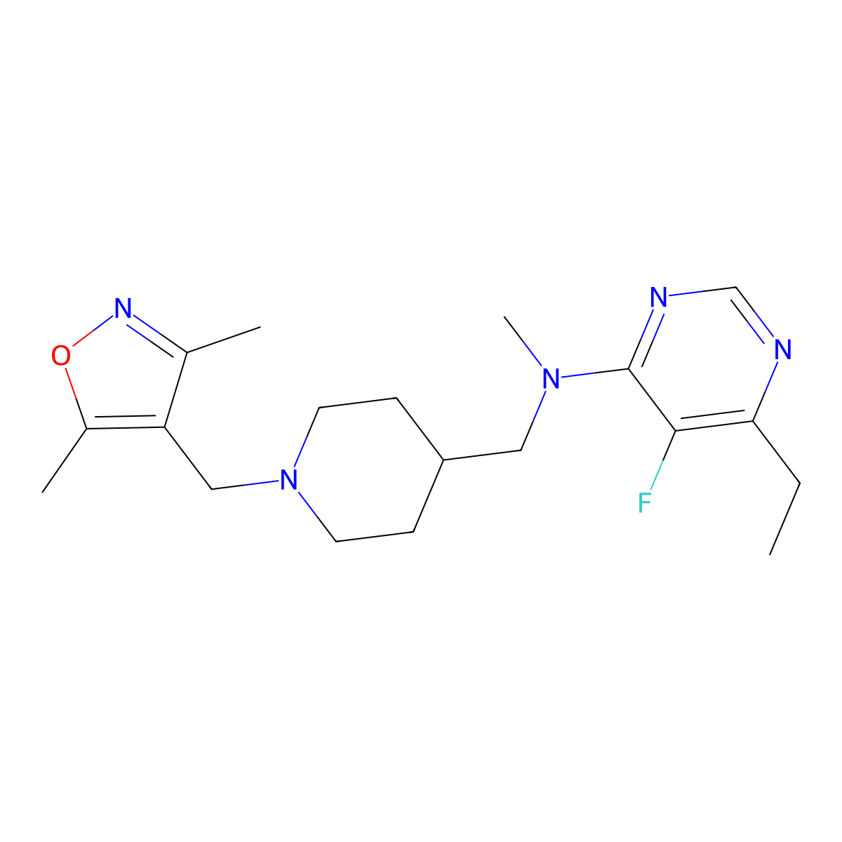 N-({1-[(3,5-dimethyl-1,2-oxazol-4-yl)methyl]piperidin-4-yl}methyl)-6-ethyl-5-fluoro-N-methylpyrimidin-4-amine molecular structure, CAS 2640952-18-5