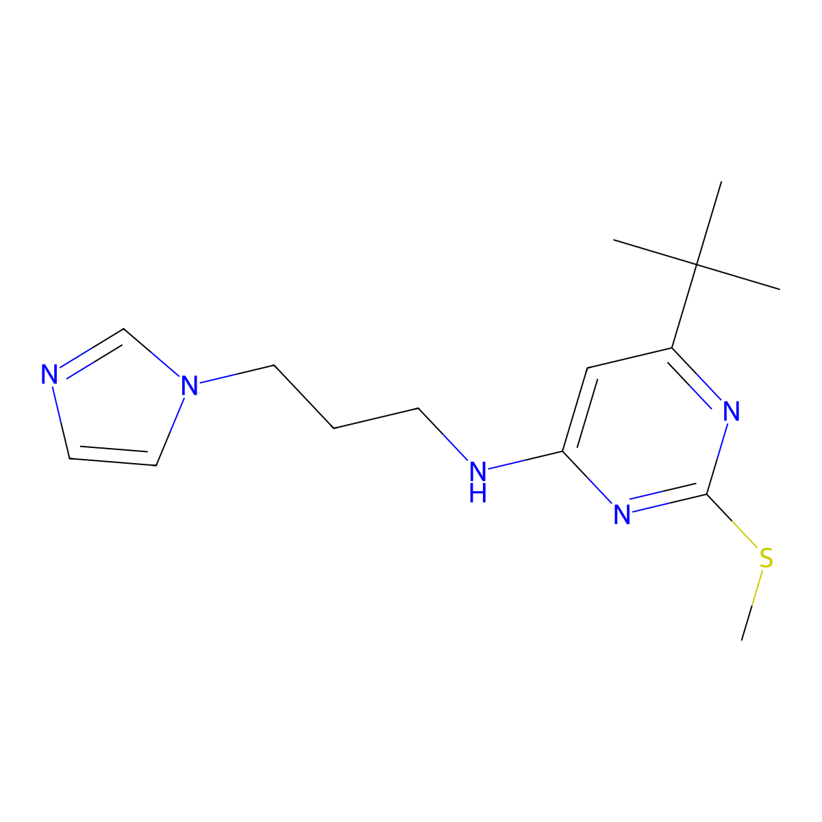 6-tert-butyl-N-[3-(1H-imidazol-1-yl)propyl]-2-(methylsulfanyl)pyrimidin-4-amine molecular structure, CAS 2640952-22-1