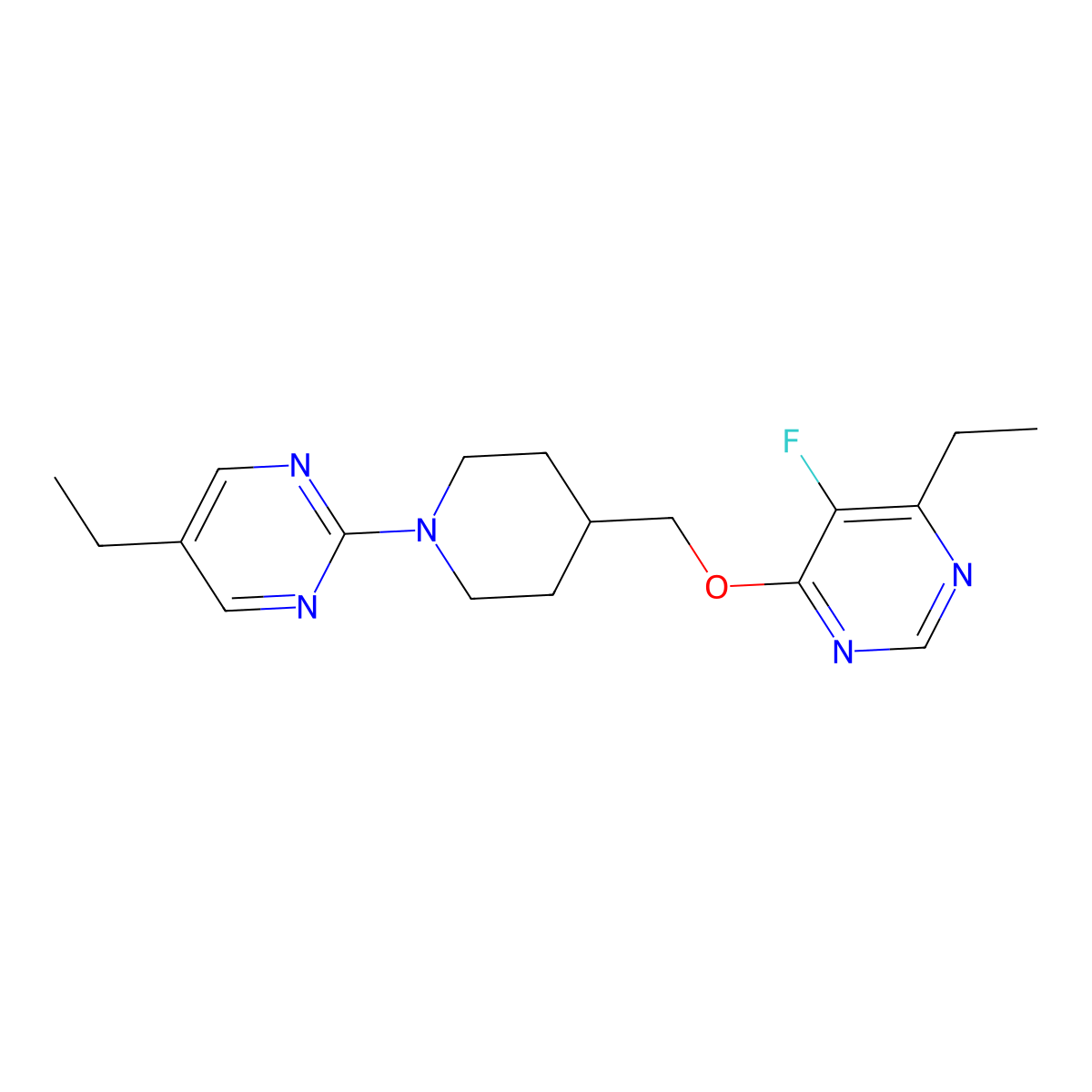 4-Ethyl-6-{[1-(5-ethylpyrimidin-2-yl)piperidin-4-yl]methoxy}-5-fluoropyrimidine molecular structure, CAS 2640952-24-3