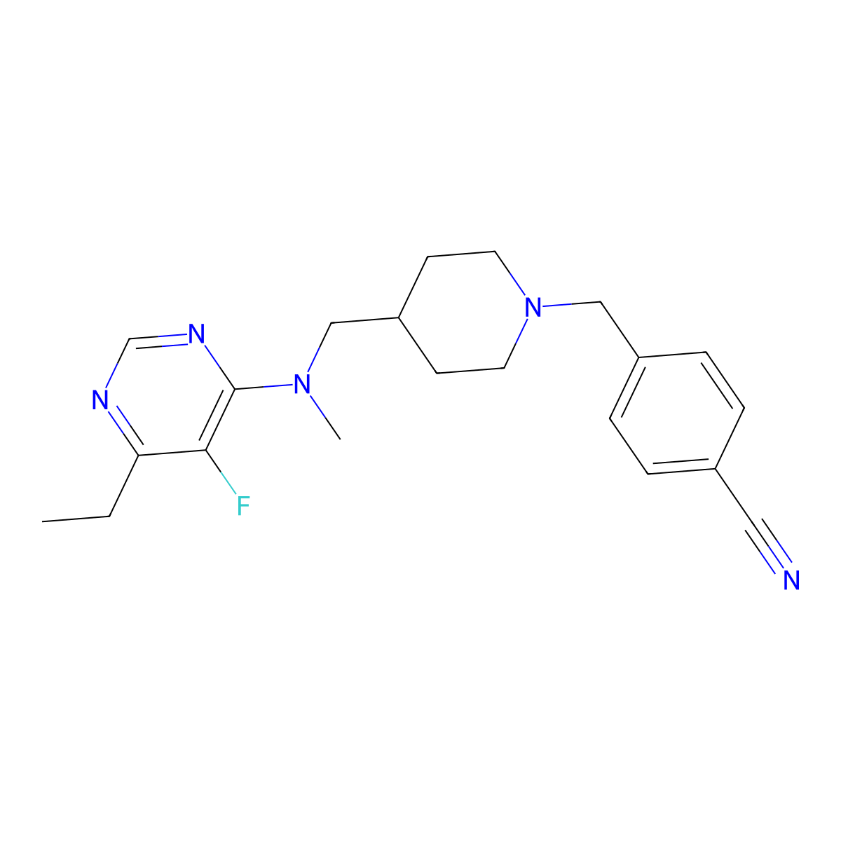 4-[(4-{[(6-Ethyl-5-fluoropyrimidin-4-yl)(methyl)amino]methyl}piperidin-1-yl)methyl]benzonitrile molecular structure, CAS 2640952-25-4