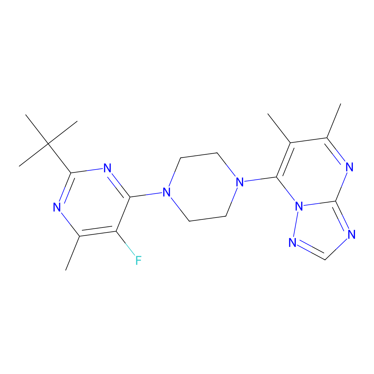 2-Tert-butyl-4-(4-{5,6-dimethyl-[1,2,4]triazolo[1,5-a]pyrimidin-7-yl}piperazin-1-yl)-5-fluoro-6-methylpyrimidine molecular structure, CAS 2640952-27-6