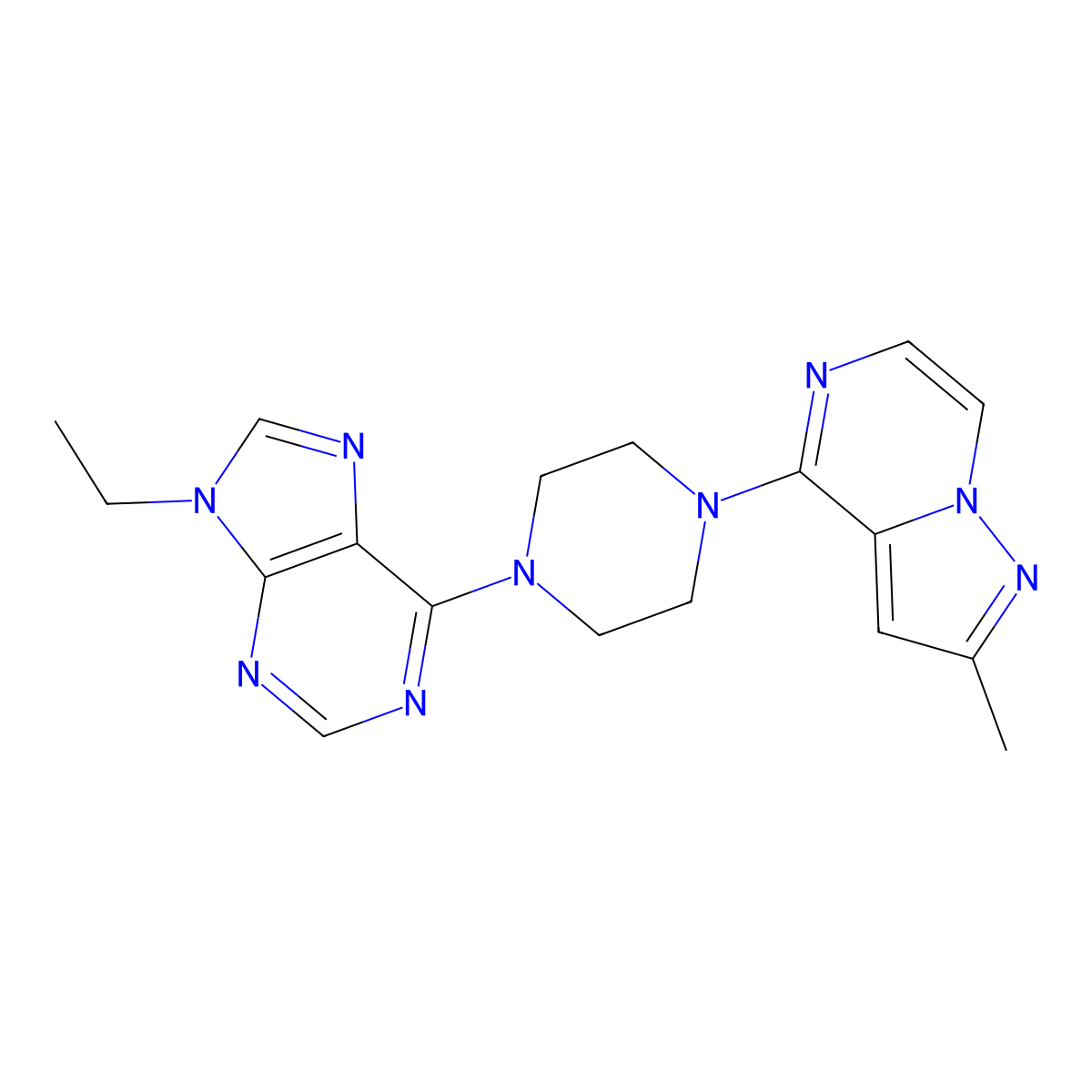 9-ethyl-6-(4-{2-methylpyrazolo[1,5-a]pyrazin-4-yl}piperazin-1-yl)-9H-purine molecular structure, CAS 2640952-28-7