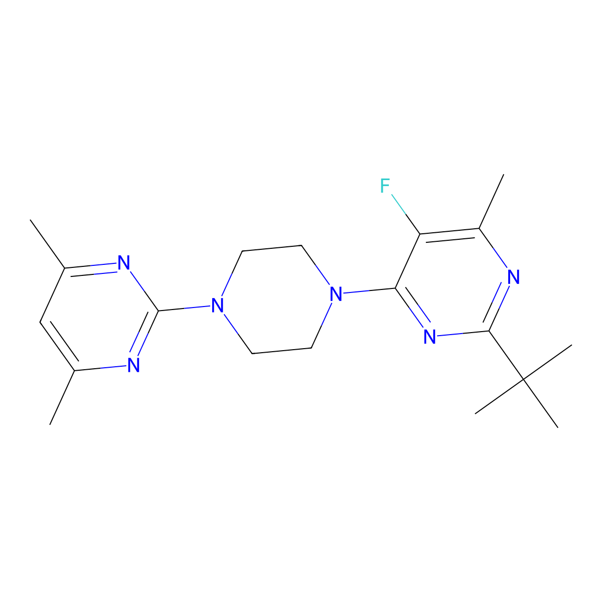 2-Tert-butyl-4-[4-(4,6-dimethylpyrimidin-2-yl)piperazin-1-yl]-5-fluoro-6-methylpyrimidine molecular structure, CAS 2640952-31-2