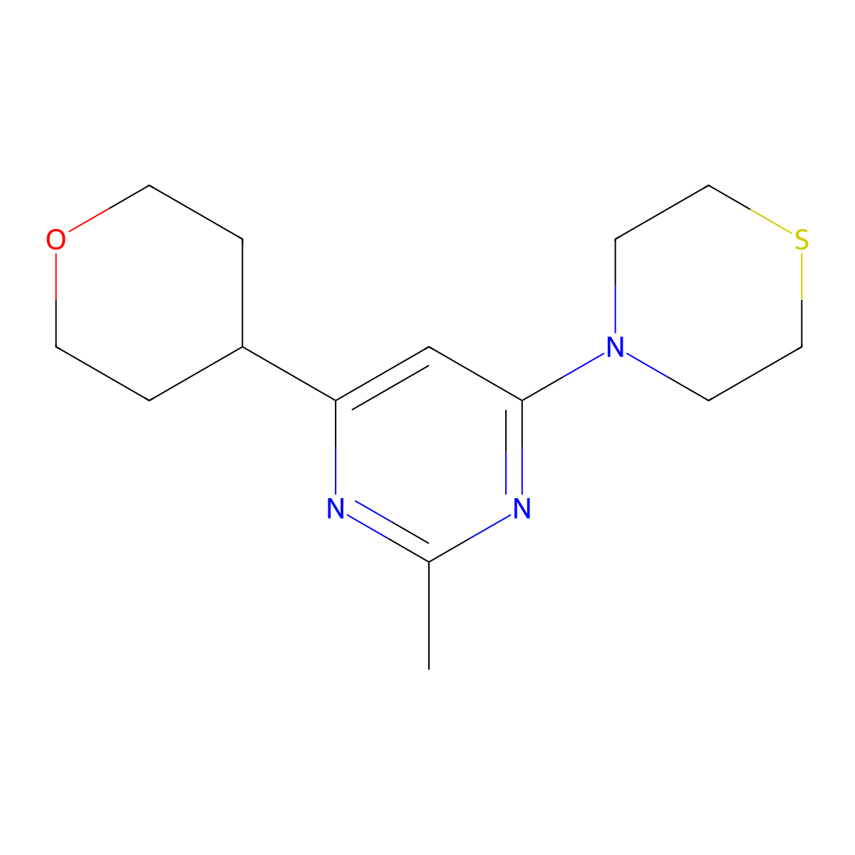 4-[2-Methyl-6-(oxan-4-yl)pyrimidin-4-yl]thiomorpholine molecular structure, CAS 2640952-33-4