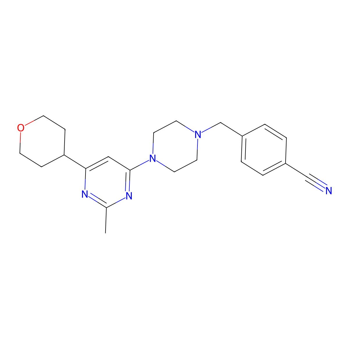 4-({4-[2-Methyl-6-(oxan-4-yl)pyrimidin-4-yl]piperazin-1-yl}methyl)benzonitrile molecular structure, CAS 2640952-36-7