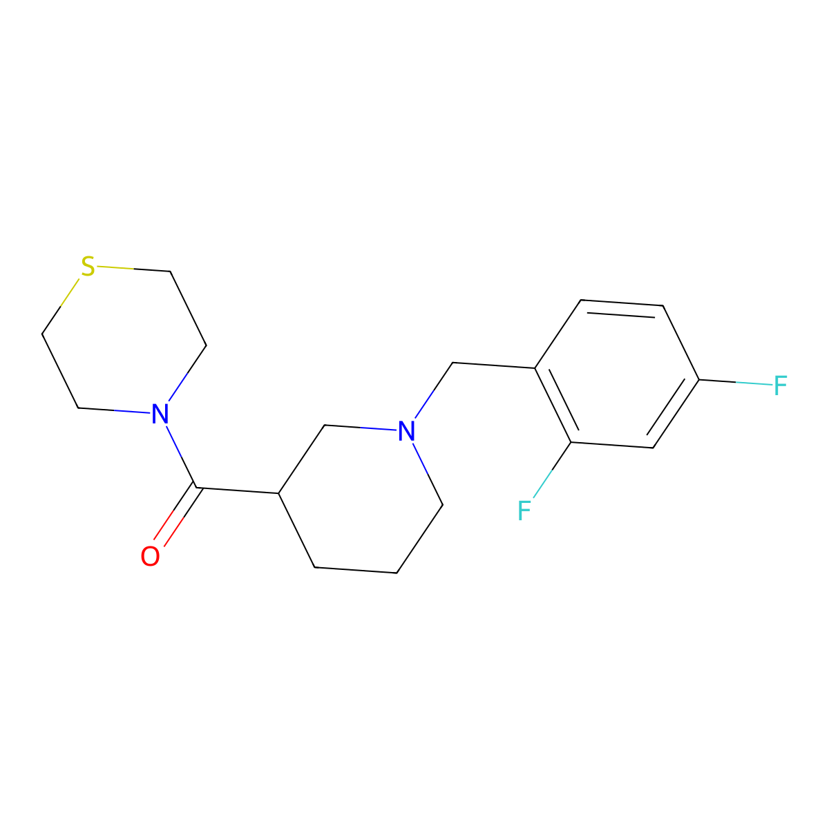 4-{1-[(2,4-Difluorophenyl)methyl]piperidine-3-carbonyl}thiomorpholine molecular structure, CAS 2640952-37-8