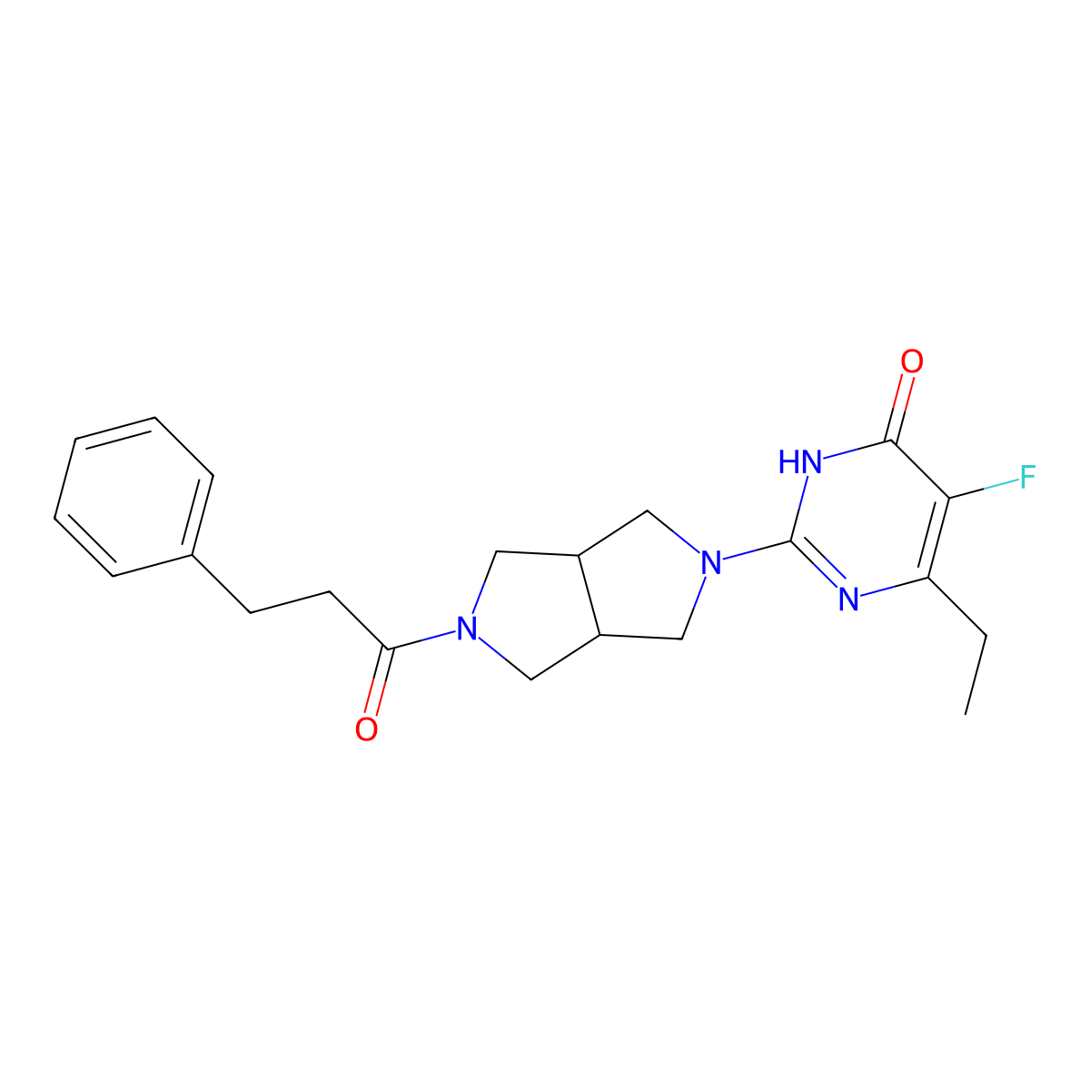 6-Ethyl-5-fluoro-2-[5-(3-phenylpropanoyl)-octahydropyrrolo[3,4-c]pyrrol-2-yl]-3,4-dihydropyrimidin-4-one molecular structure, CAS 2640952-38-9