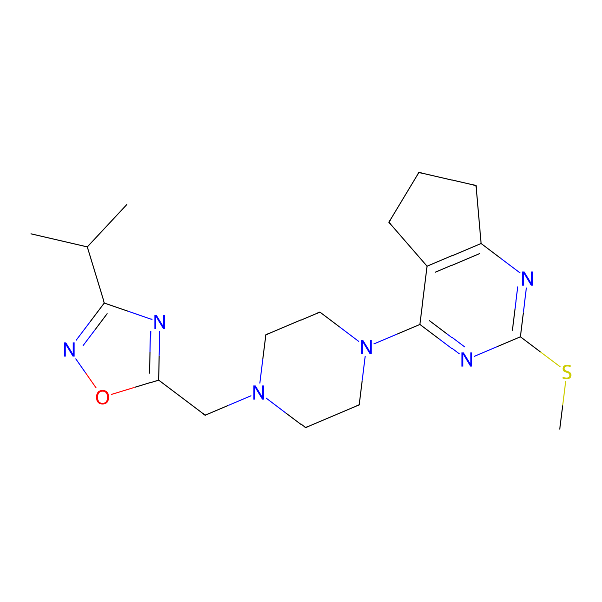 1-[2-(methylsulfanyl)-5H,6H,7H-cyclopenta[d]pyrimidin-4-yl]-4-{[3-(propan-2-yl)-1,2,4-oxadiazol-5-yl]methyl}piperazine molecular structure, CAS 2640952-39-0