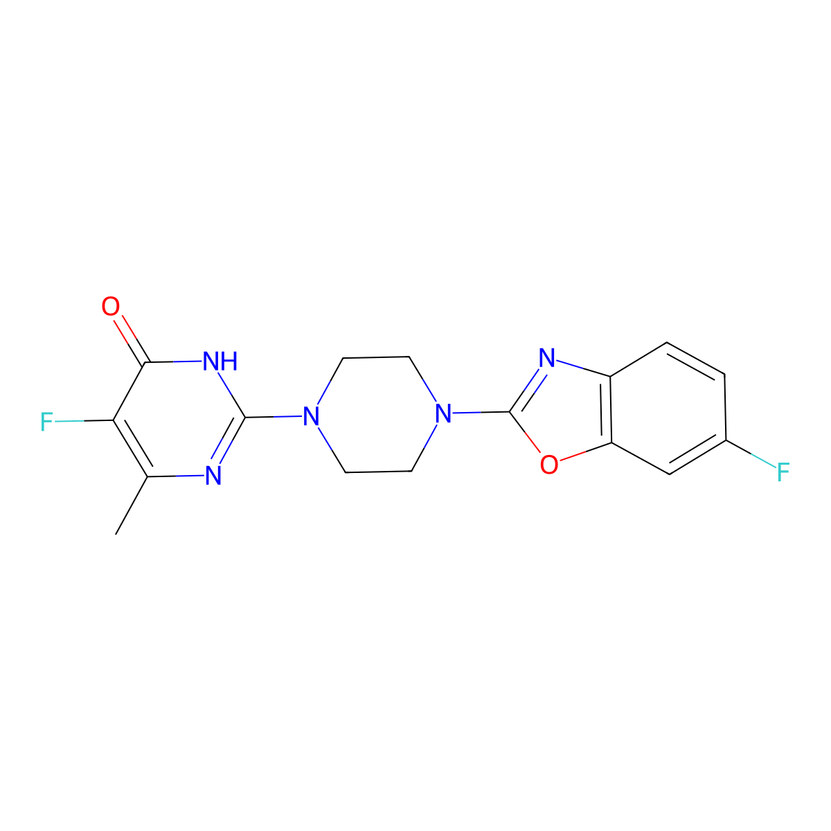 5-Fluoro-2-[4-(6-fluoro-1,3-benzoxazol-2-yl)piperazin-1-yl]-6-methyl-3,4-dihydropyrimidin-4-one molecular structure, CAS 2640952-40-3