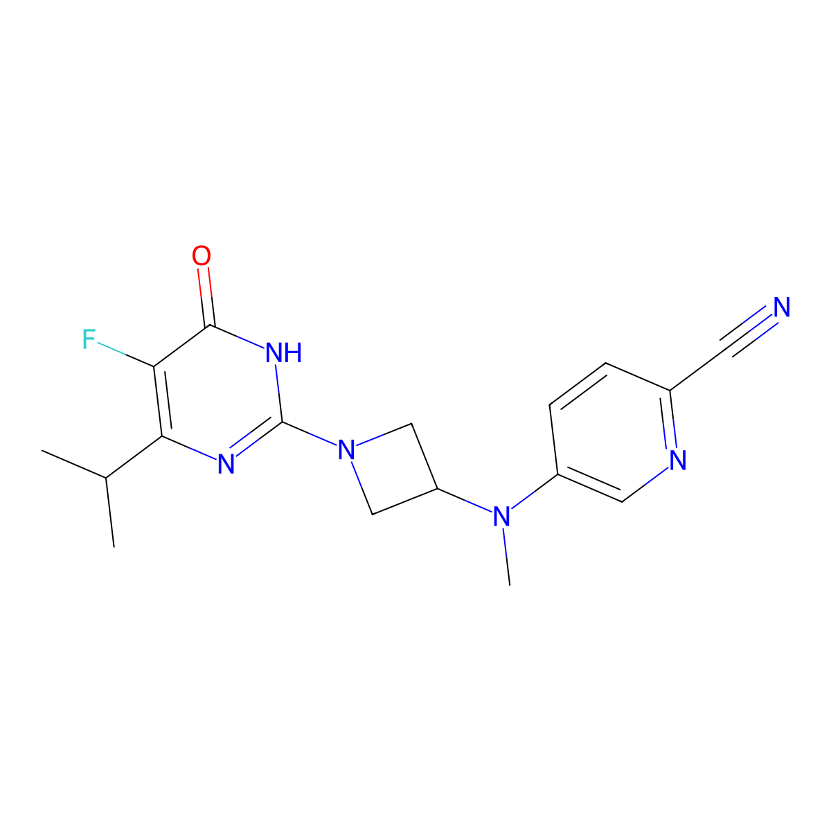 5-({1-[5-Fluoro-6-oxo-4-(propan-2-yl)-1,6-dihydropyrimidin-2-yl]azetidin-3-yl}(methyl)amino)pyridine-2-carbonitrile molecular structure, CAS 2640952-41-4