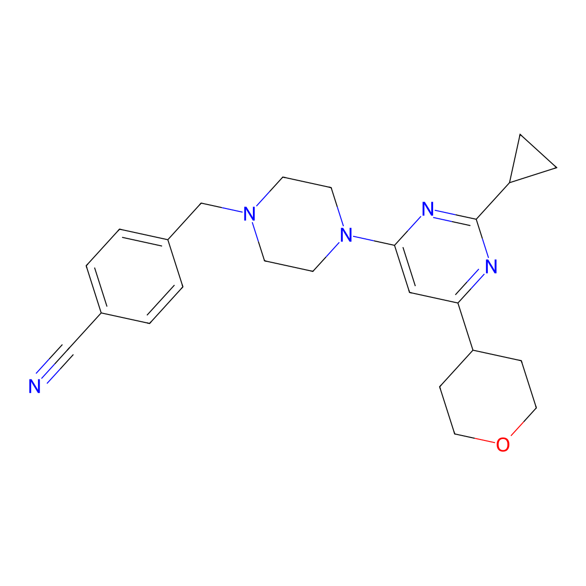 4-({4-[2-Cyclopropyl-6-(oxan-4-yl)pyrimidin-4-yl]piperazin-1-yl}methyl)benzonitrile molecular structure, CAS 2640952-42-5