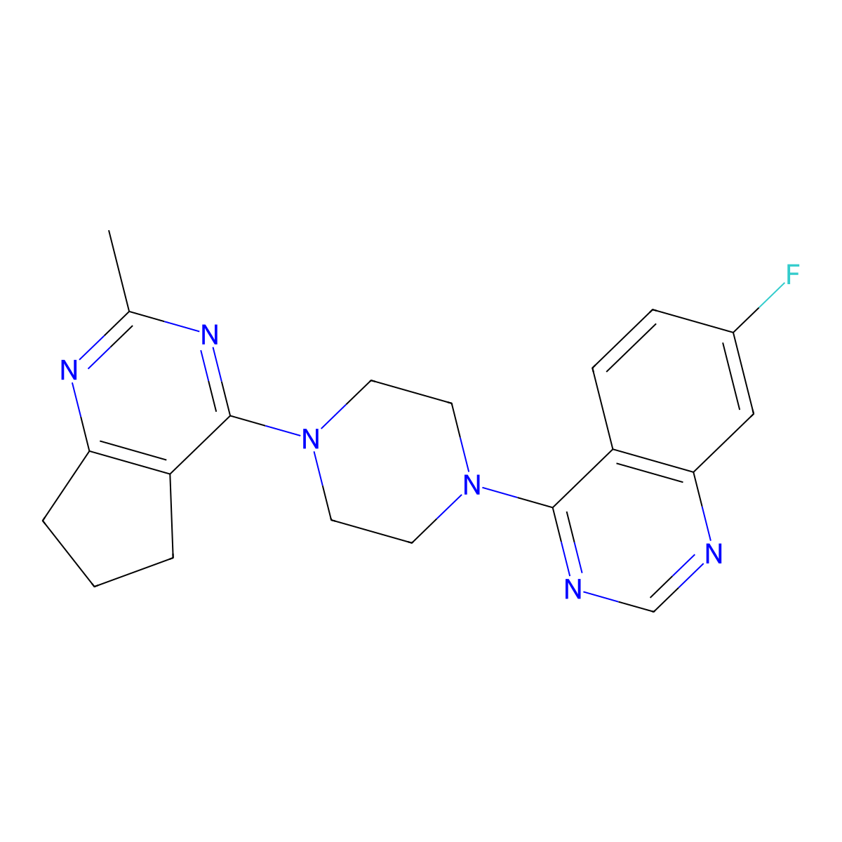 7-fluoro-4-(4-{2-methyl-5H,6H,7H-cyclopenta[d]pyrimidin-4-yl}piperazin-1-yl)quinazoline molecular structure, CAS 2640952-45-8