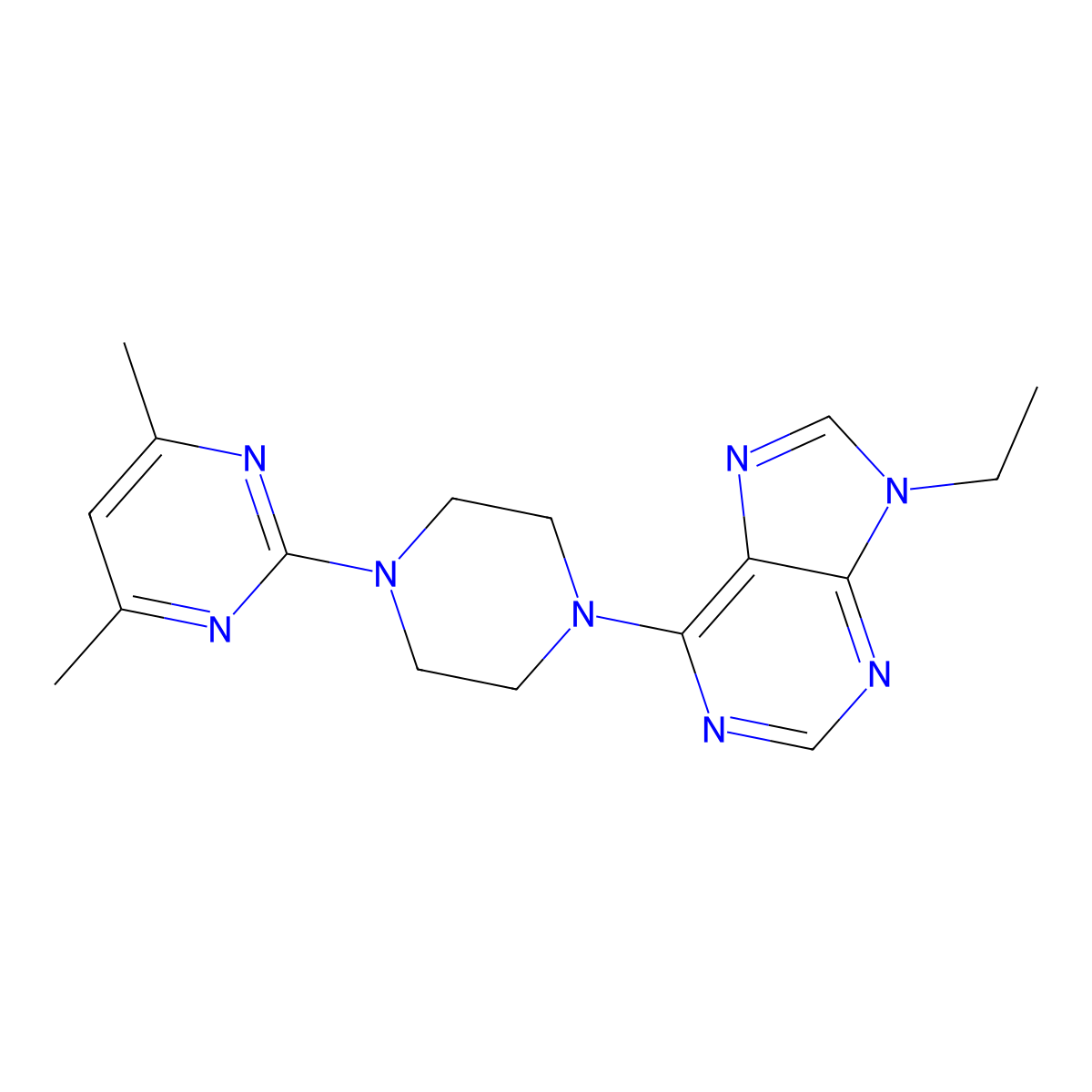 6-[4-(4,6-dimethylpyrimidin-2-yl)piperazin-1-yl]-9-ethyl-9H-purine molecular structure, CAS 2640952-50-5
