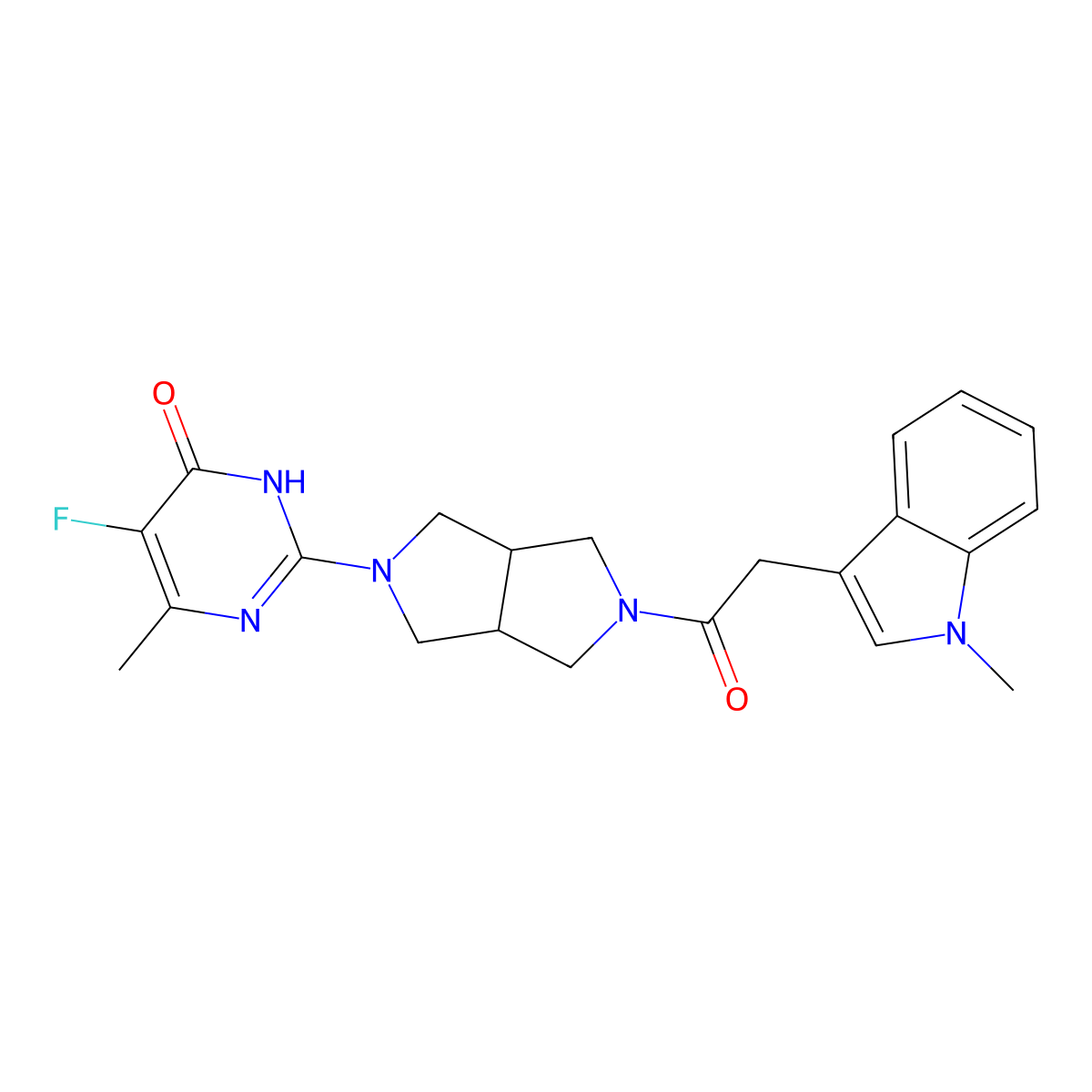 5-fluoro-6-methyl-2-{5-[2-(1-methyl-1H-indol-3-yl)acetyl]-octahydropyrrolo[3,4-c]pyrrol-2-yl}-3,4-dihydropyrimidin-4-one molecular structure, CAS 2640952-52-7