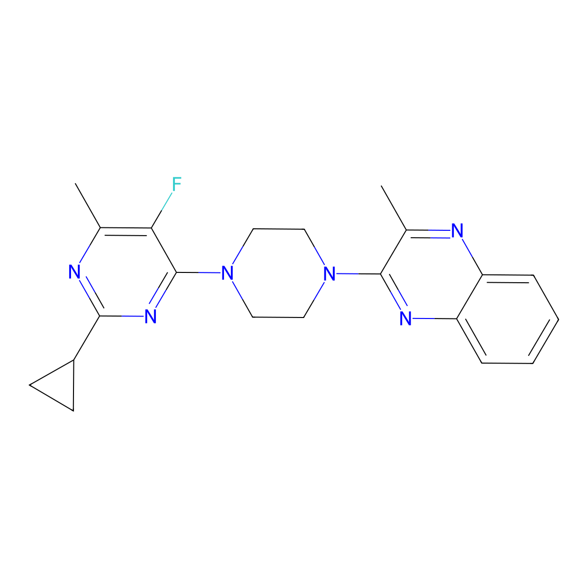 2-[4-(2-Cyclopropyl-5-fluoro-6-methylpyrimidin-4-yl)piperazin-1-yl]-3-methylquinoxaline molecular structure, CAS 2640952-53-8