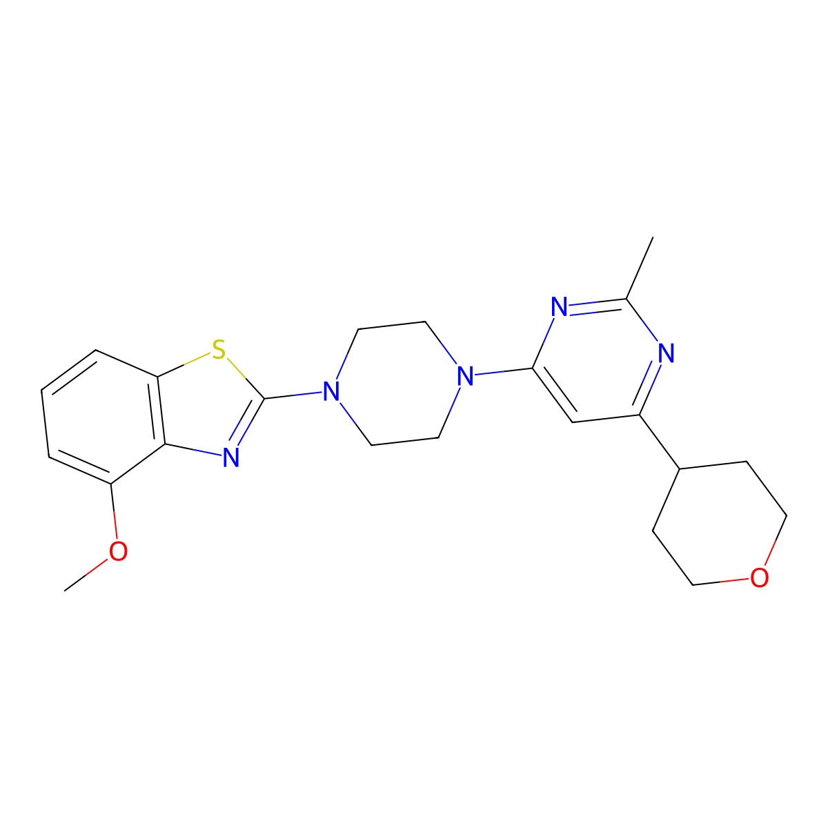 4-Methoxy-2-{4-[2-methyl-6-(oxan-4-yl)pyrimidin-4-yl]piperazin-1-yl}-1,3-benzothiazole molecular structure, CAS 2640952-54-9