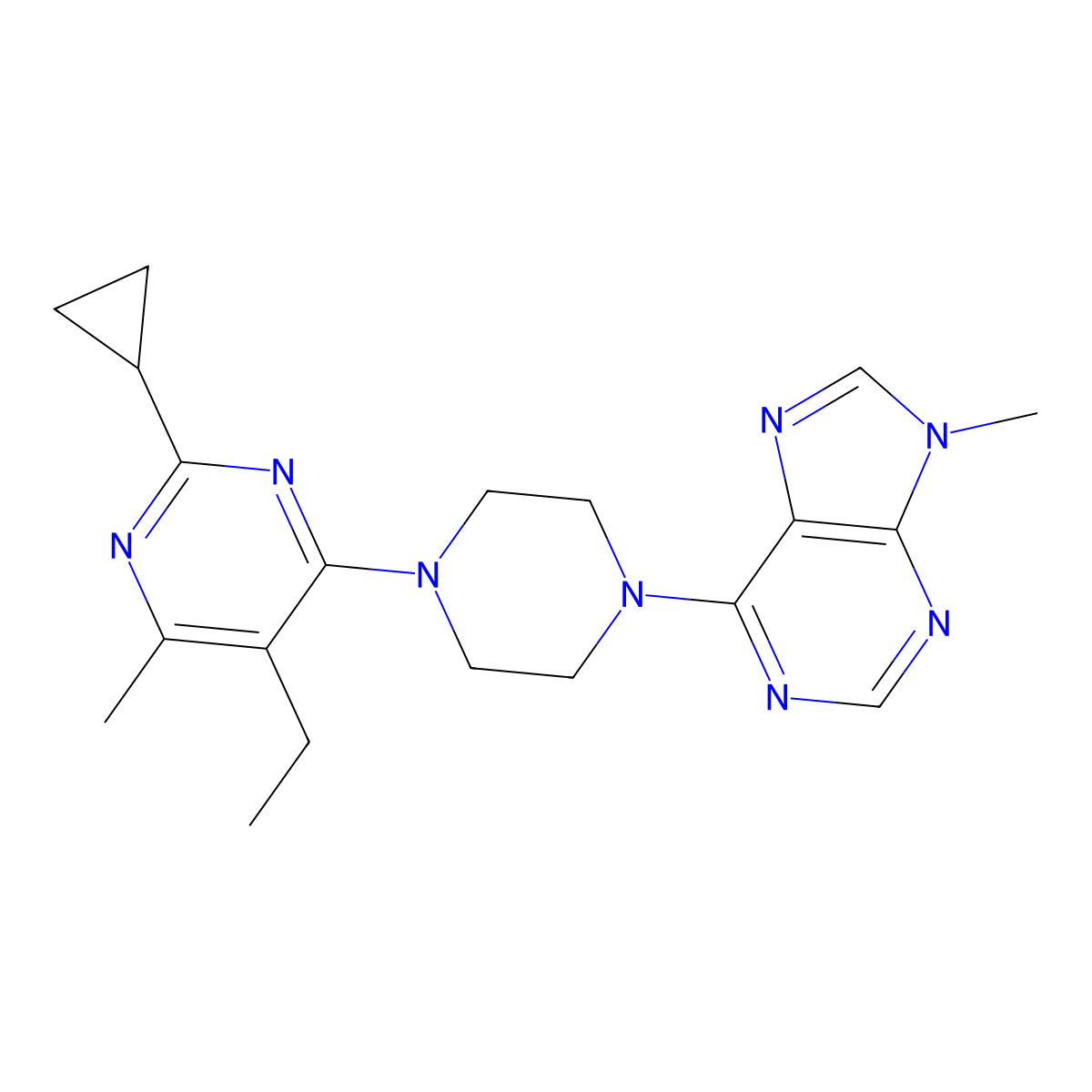 6-[4-(2-cyclopropyl-5-ethyl-6-methylpyrimidin-4-yl)piperazin-1-yl]-9-methyl-9H-purine molecular structure, CAS 2640952-57-2