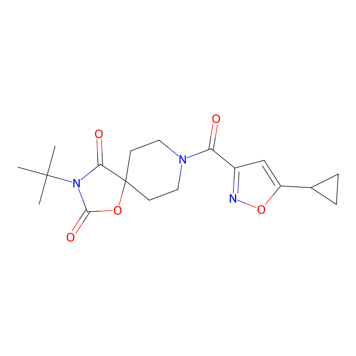 3-Tert-butyl-8-(5-cyclopropyl-1,2-oxazole-3-carbonyl)-1-oxa-3,8-diazaspiro[4.5]decane-2,4-dione molecular structure, CAS 2640952-58-3
