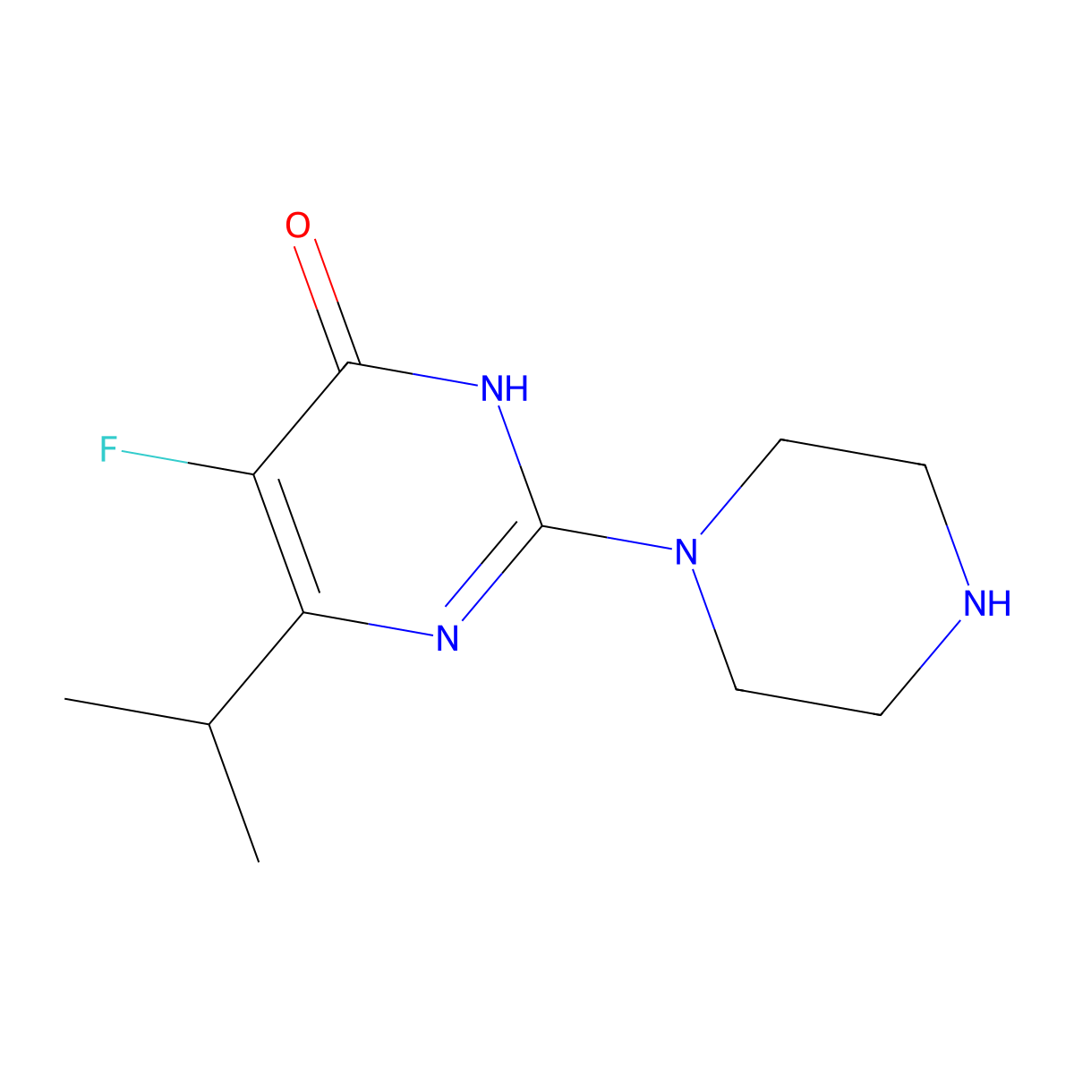 5-Fluoro-2-(piperazin-1-yl)-6-(propan-2-yl)-3,4-dihydropyrimidin-4-one molecular structure, CAS 2640952-62-9