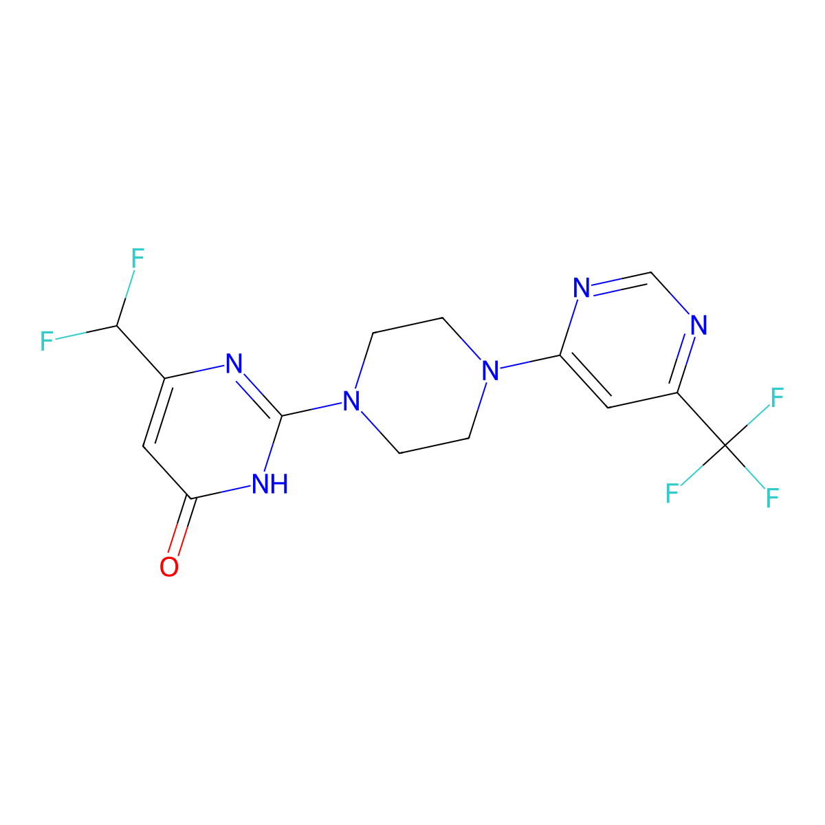 6-(Difluoromethyl)-2-{4-[6-(trifluoromethyl)pyrimidin-4-yl]piperazin-1-yl}-3,4-dihydropyrimidin-4-one molecular structure, CAS 2640952-65-2
