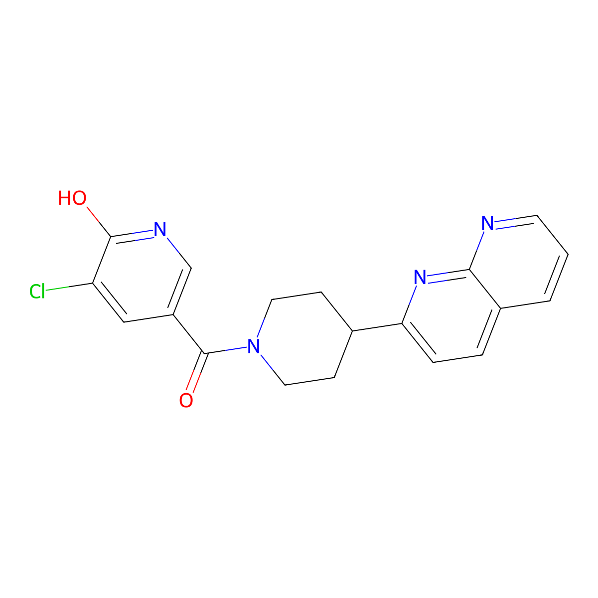 3-Chloro-5-[4-(1,8-naphthyridin-2-yl)piperidine-1-carbonyl]pyridin-2-ol molecular structure, CAS 2640952-68-5