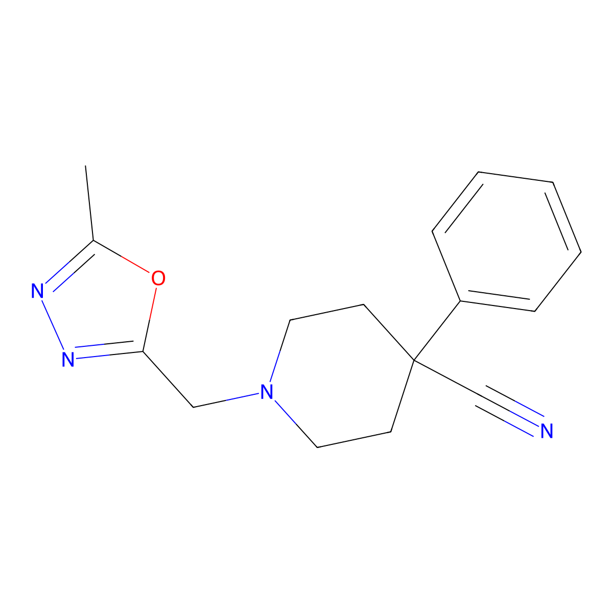 1-[(5-Methyl-1,3,4-oxadiazol-2-yl)methyl]-4-phenylpiperidine-4-carbonitrile molecular structure, CAS 2640952-72-1