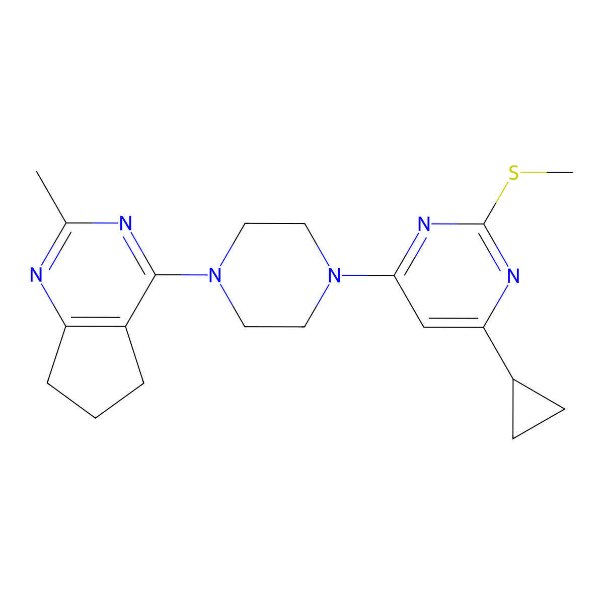 4-cyclopropyl-6-(4-{2-methyl-5H,6H,7H-cyclopenta[d]pyrimidin-4-yl}piperazin-1-yl)-2-(methylsulfanyl)pyrimidine molecular structure, CAS 2640952-73-2