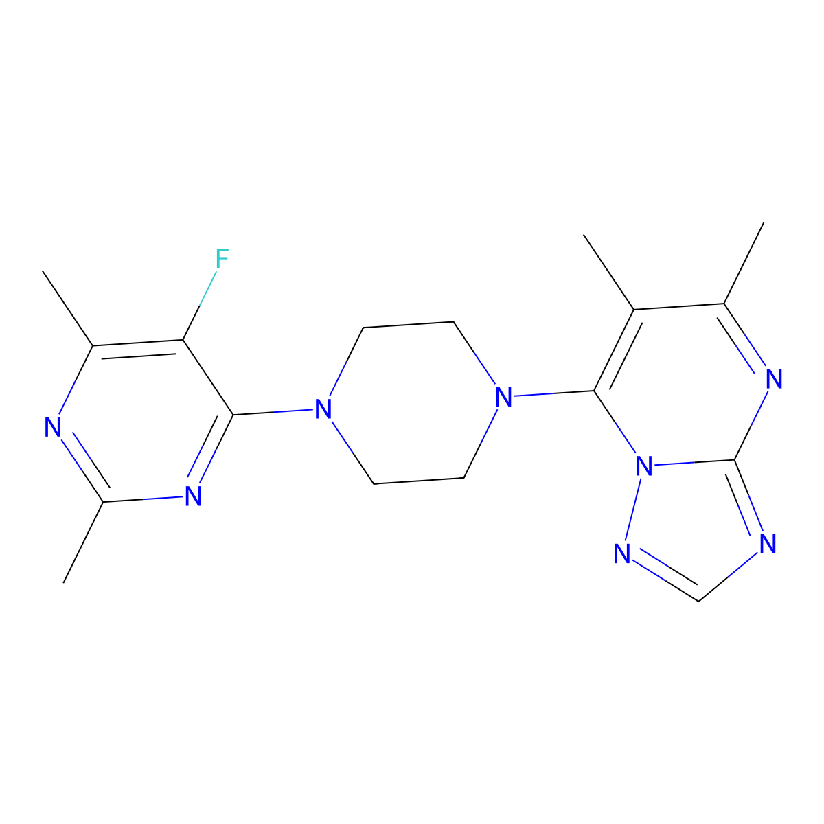 4-(4-{5,6-Dimethyl-[1,2,4]triazolo[1,5-a]pyrimidin-7-yl}piperazin-1-yl)-5-fluoro-2,6-dimethylpyrimidine molecular structure, CAS 2640952-76-5