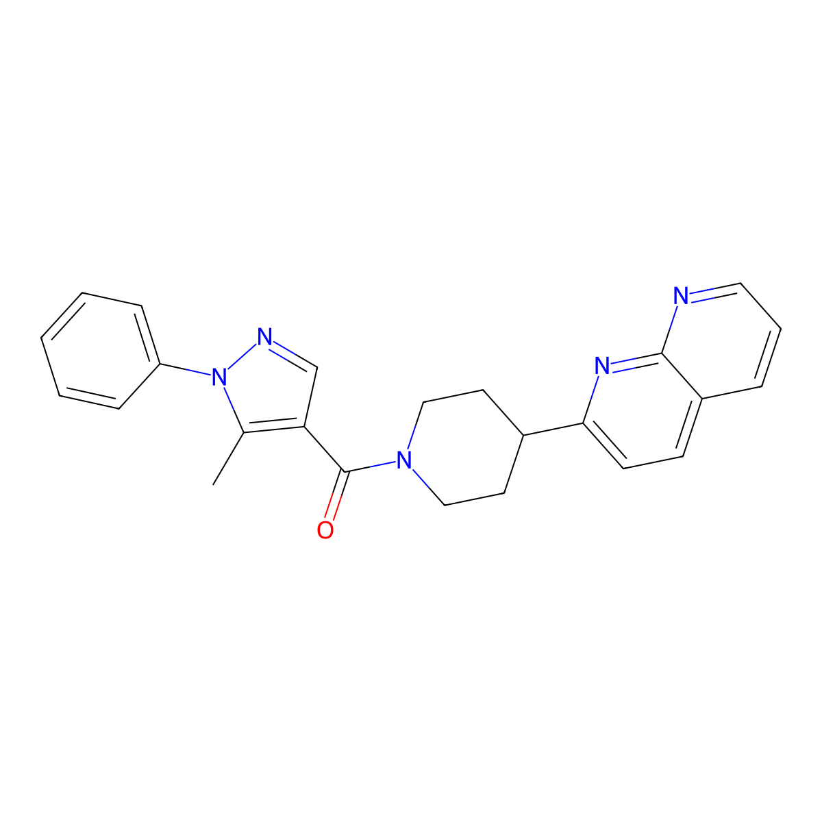2-[1-(5-methyl-1-phenyl-1H-pyrazole-4-carbonyl)piperidin-4-yl]-1,8-naphthyridine molecular structure, CAS 2640952-77-6