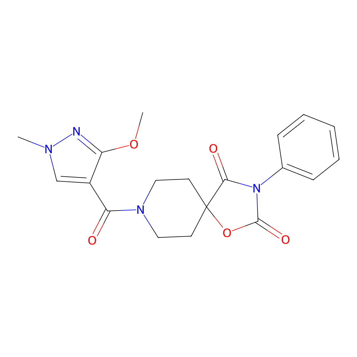 8-(3-methoxy-1-methyl-1H-pyrazole-4-carbonyl)-3-phenyl-1-oxa-3,8-diazaspiro[4.5]decane-2,4-dione molecular structure, CAS 2640952-80-1