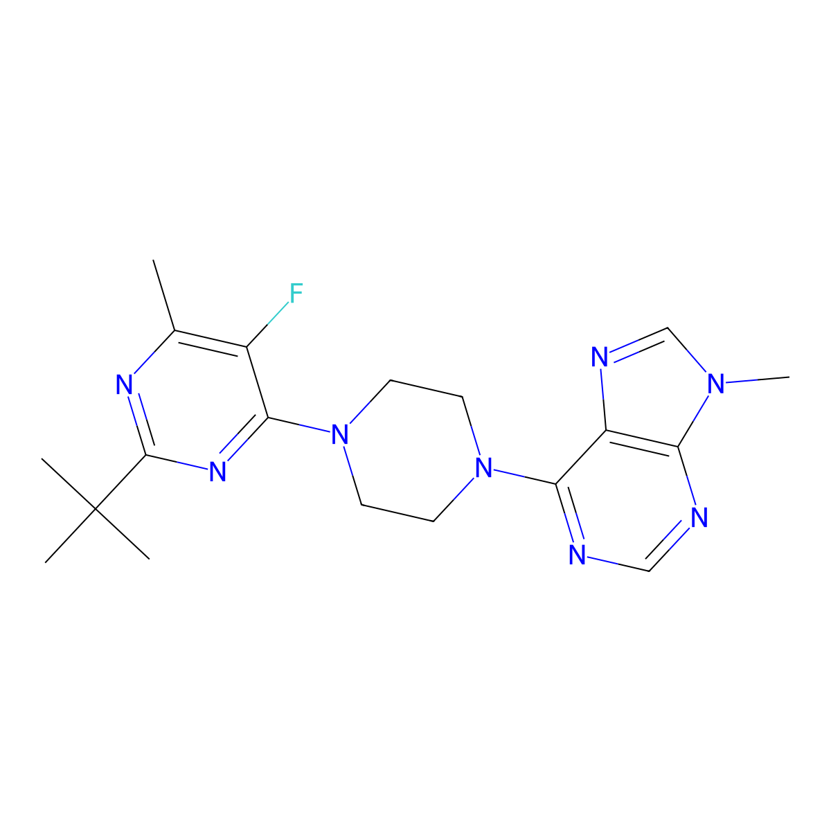 6-[4-(2-tert-butyl-5-fluoro-6-methylpyrimidin-4-yl)piperazin-1-yl]-9-methyl-9H-purine molecular structure, CAS 2640952-81-2