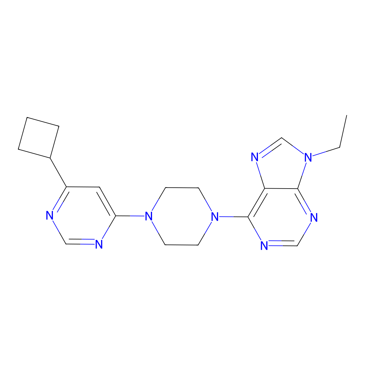 6-[4-(6-cyclobutylpyrimidin-4-yl)piperazin-1-yl]-9-ethyl-9H-purine molecular structure, CAS 2640953-19-9
