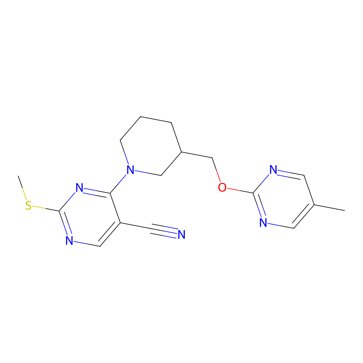 4-(3-{[(5-Methylpyrimidin-2-yl)oxy]methyl}piperidin-1-yl)-2-(methylsulfanyl)pyrimidine-5-carbonitrile molecular structure, CAS 2640953-20-2