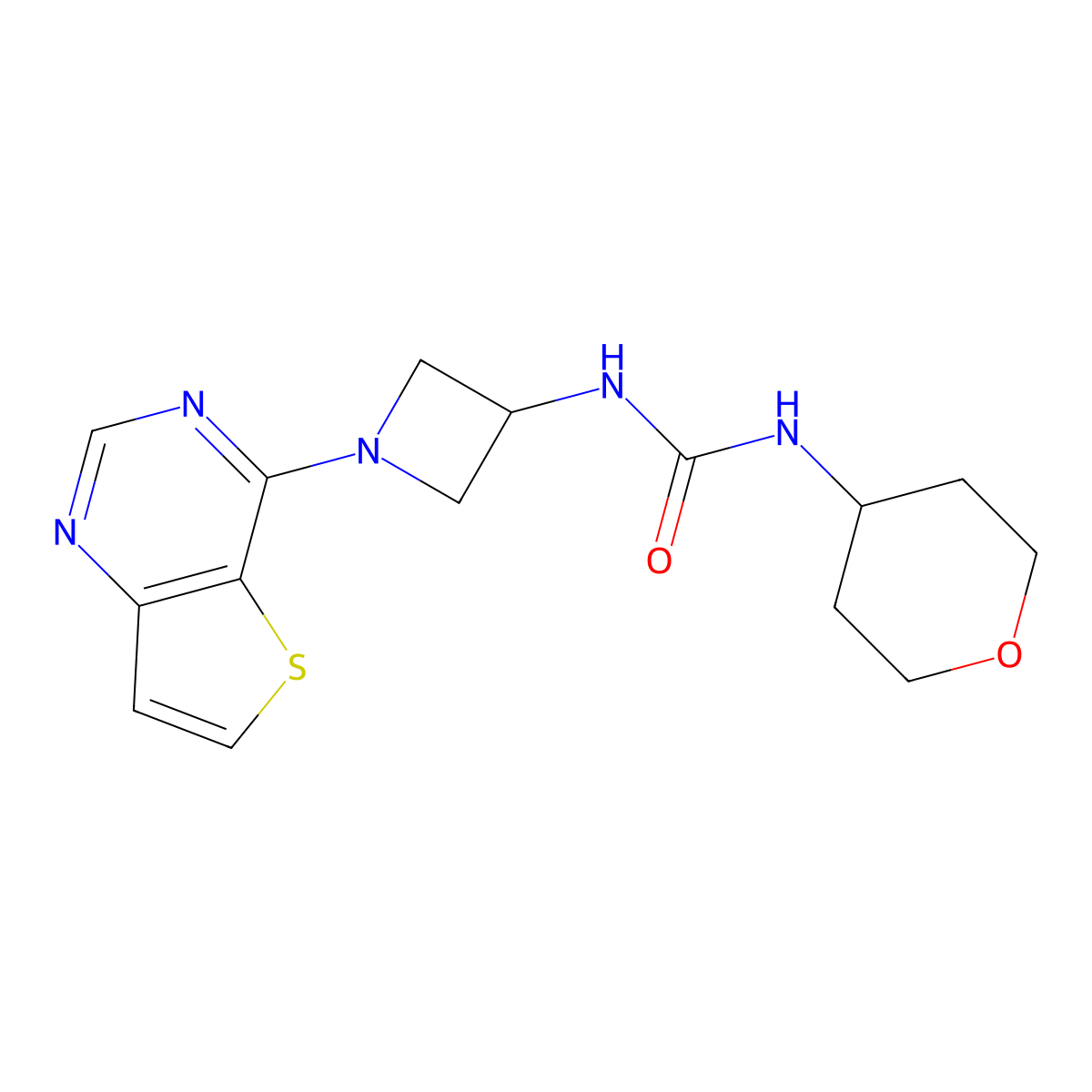 1-(Oxan-4-yl)-3-(1-{thieno[3,2-d]pyrimidin-4-yl}azetidin-3-yl)urea molecular structure, CAS 2640953-21-3