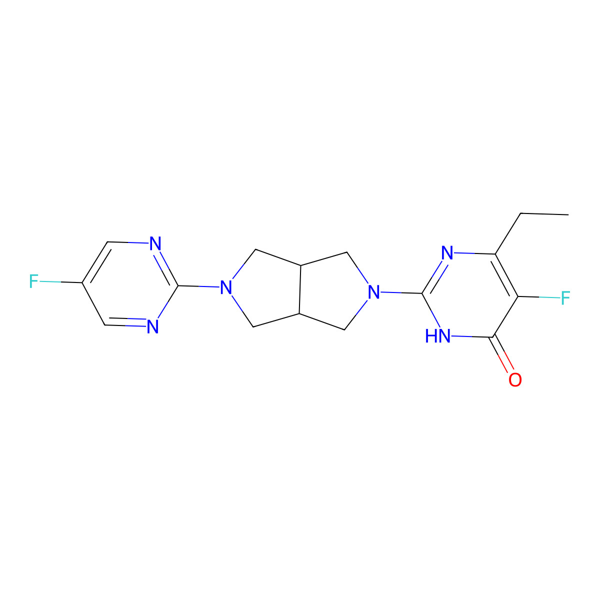 6-Ethyl-5-fluoro-2-[5-(5-fluoropyrimidin-2-yl)-octahydropyrrolo[3,4-c]pyrrol-2-yl]-3,4-dihydropyrimidin-4-one molecular structure, CAS 2640953-23-5