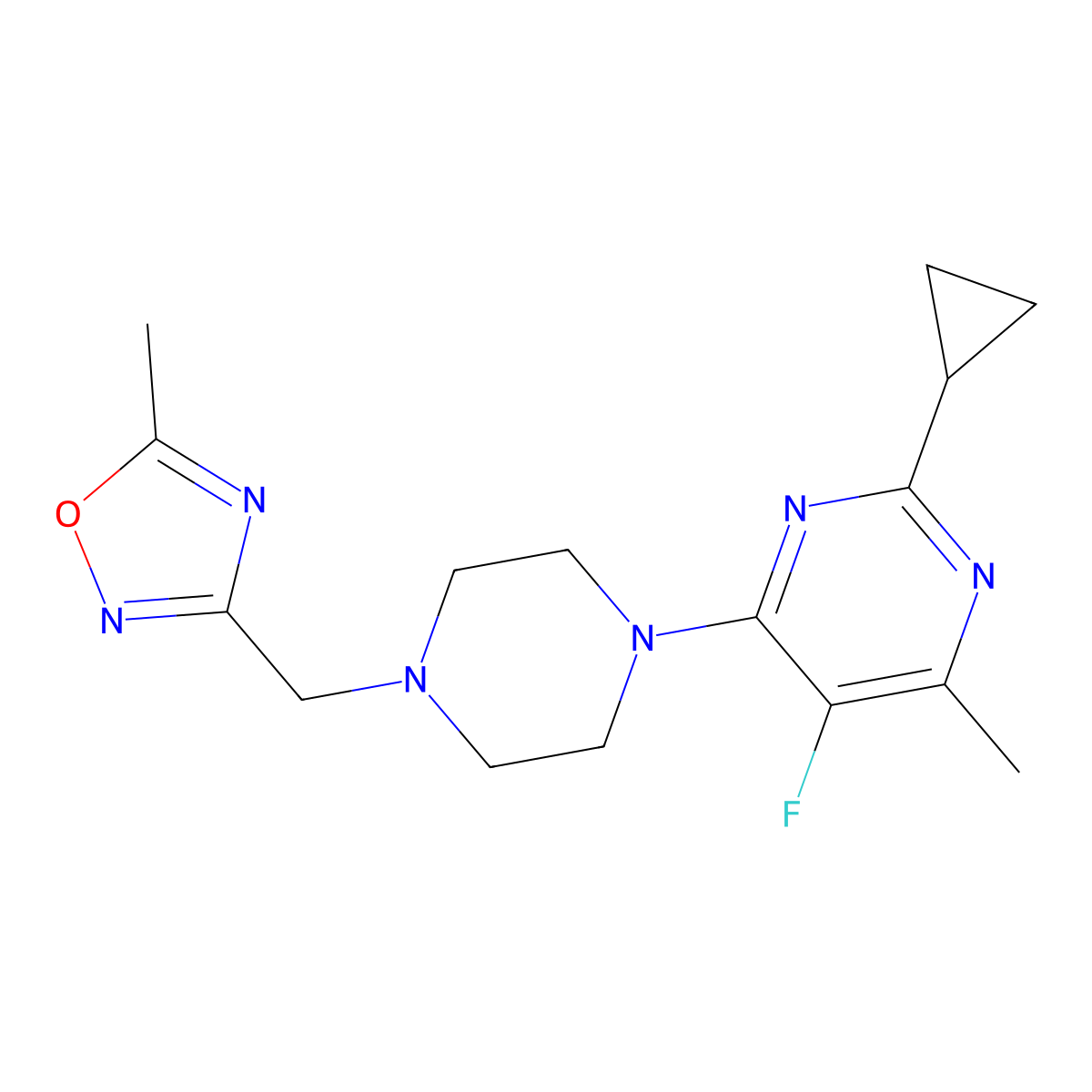 2-Cyclopropyl-5-fluoro-4-methyl-6-{4-[(5-methyl-1,2,4-oxadiazol-3-yl)methyl]piperazin-1-yl}pyrimidine molecular structure, CAS 2640953-29-1