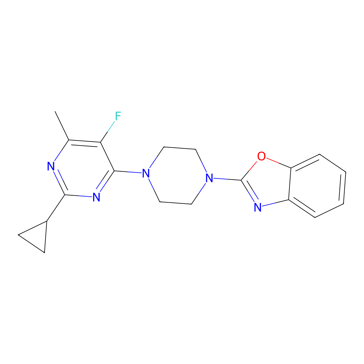 2-[4-(2-Cyclopropyl-5-fluoro-6-methylpyrimidin-4-yl)piperazin-1-yl]-1,3-benzoxazole molecular structure, CAS 2640953-30-4