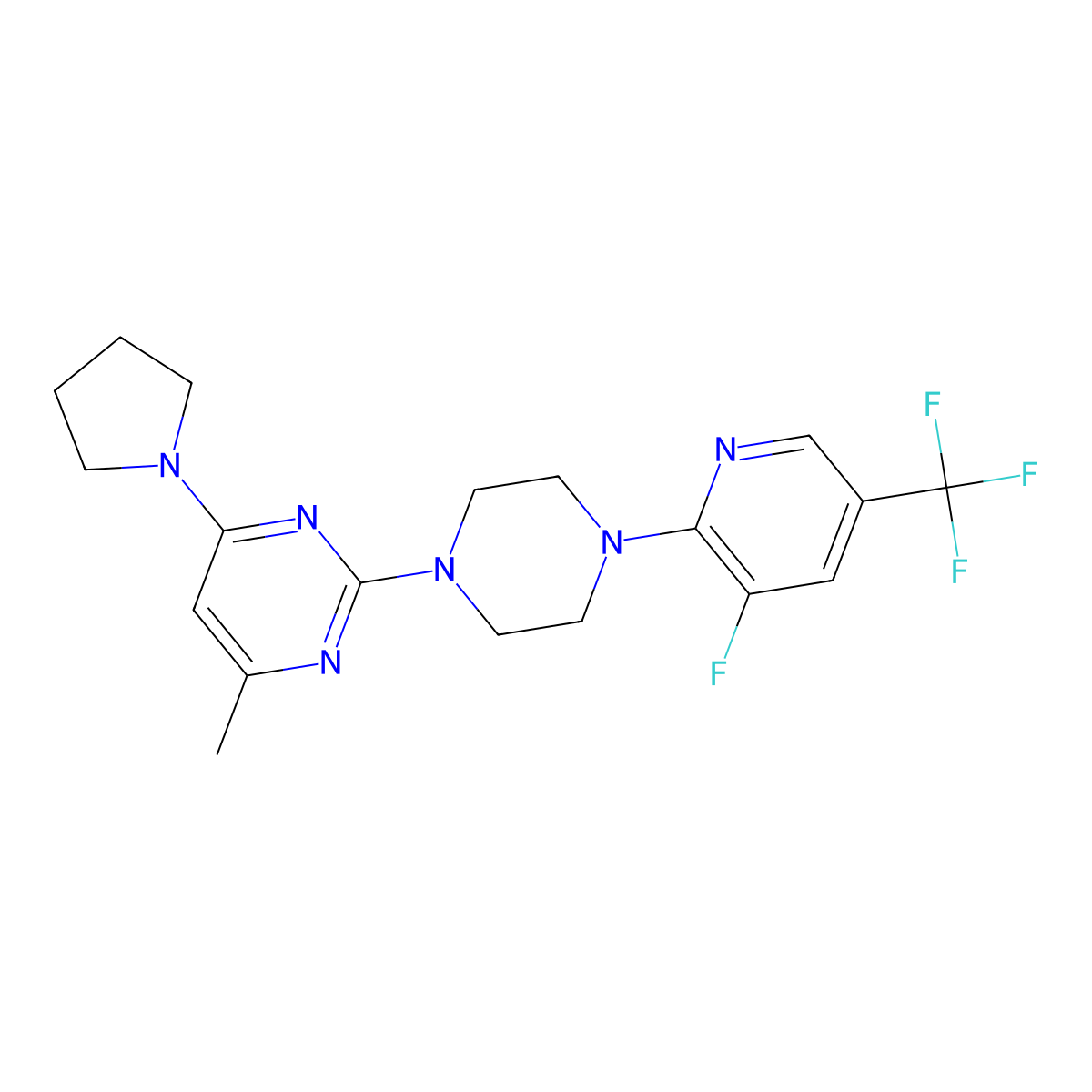 2-{4-[3-Fluoro-5-(trifluoromethyl)pyridin-2-yl]piperazin-1-yl}-4-methyl-6-(pyrrolidin-1-yl)pyrimidine molecular structure, CAS 2640953-31-5