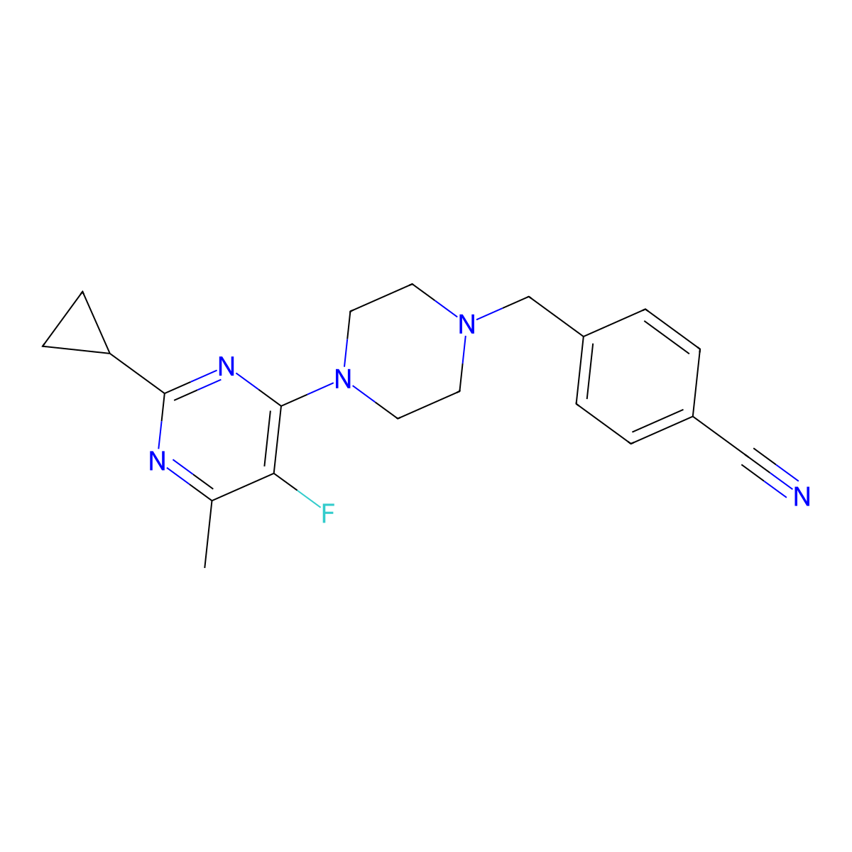 4-{[4-(2-Cyclopropyl-5-fluoro-6-methylpyrimidin-4-yl)piperazin-1-yl]methyl}benzonitrile molecular structure, CAS 2640953-33-7