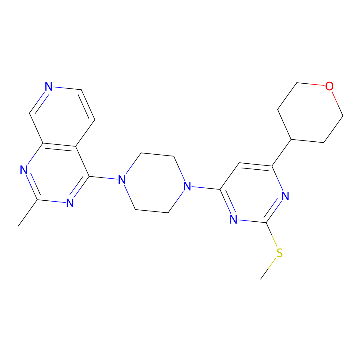 4-(4-{2-Methylpyrido[3,4-d]pyrimidin-4-yl}piperazin-1-yl)-2-(methylsulfanyl)-6-(oxan-4-yl)pyrimidine molecular structure, CAS 2640953-34-8