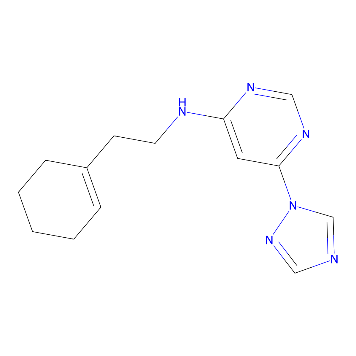 N-[2-(cyclohex-1-en-1-yl)ethyl]-6-(1H-1,2,4-triazol-1-yl)pyrimidin-4-amine molecular structure, CAS 2640953-35-9
