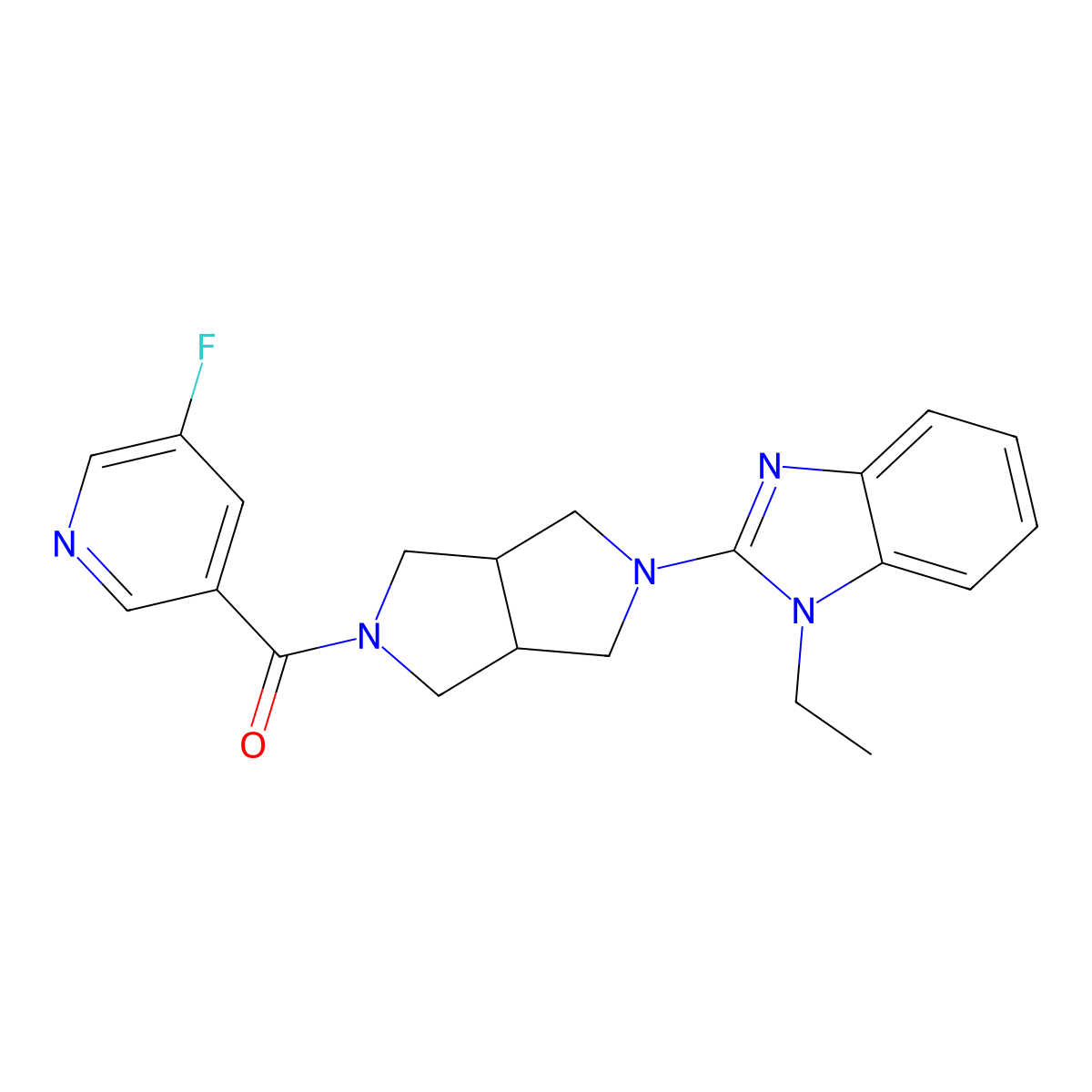 1-ethyl-2-[5-(5-fluoropyridine-3-carbonyl)-octahydropyrrolo[3,4-c]pyrrol-2-yl]-1H-1,3-benzodiazole molecular structure, CAS 2640953-44-0