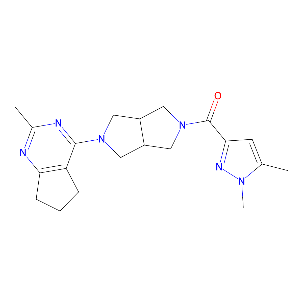 1,5-dimethyl-3-(5-{2-methyl-5H,6H,7H-cyclopenta[d]pyrimidin-4-yl}-octahydropyrrolo[3,4-c]pyrrole-2-carbonyl)-1H-pyrazole molecular structure, CAS 2640953-45-1