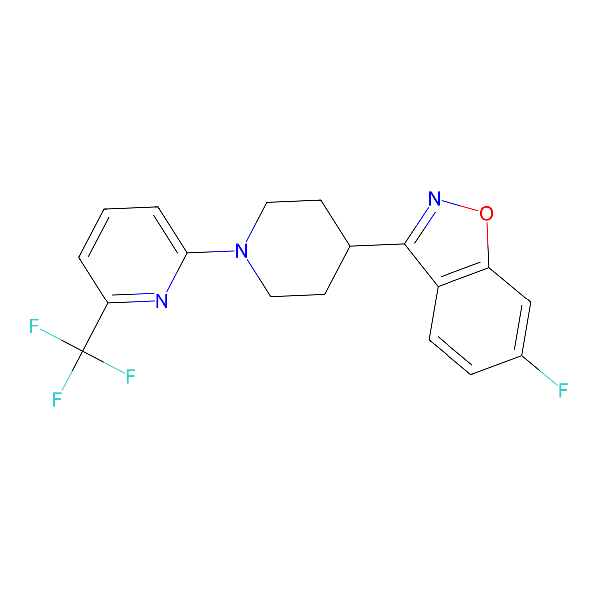 6-Fluoro-3-{1-[6-(trifluoromethyl)pyridin-2-yl]piperidin-4-yl}-1,2-benzoxazole molecular structure, CAS 2640953-46-2