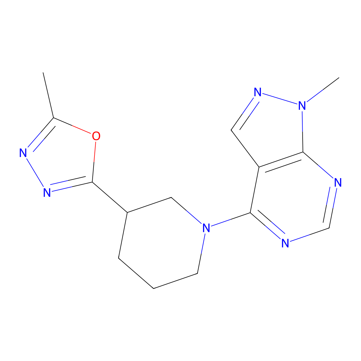 3-(5-methyl-1,3,4-oxadiazol-2-yl)-1-{1-methyl-1H-pyrazolo[3,4-d]pyrimidin-4-yl}piperidine molecular structure, CAS 2640953-54-2